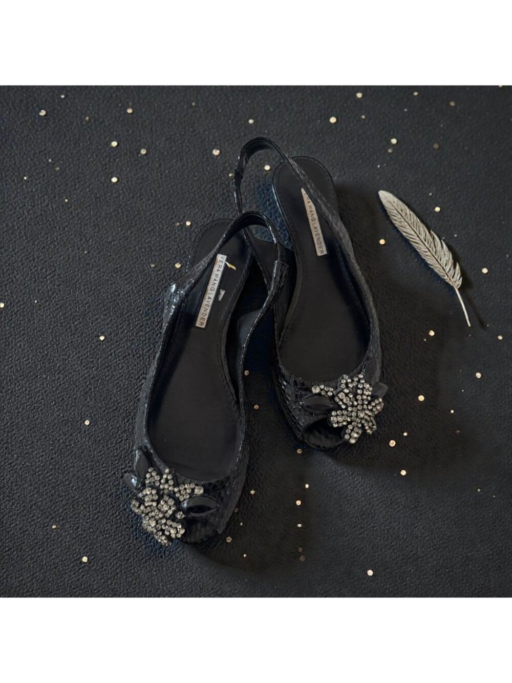 VERA WANG Lavender Black Leather Floral Slingback Sandals Size 6.5